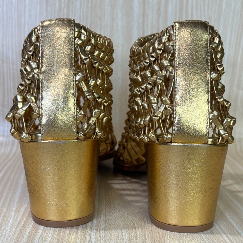 CECELIA Gold Woven Leather Block Heel Sandals 10 Statement Luxe - Picture 5 of 7